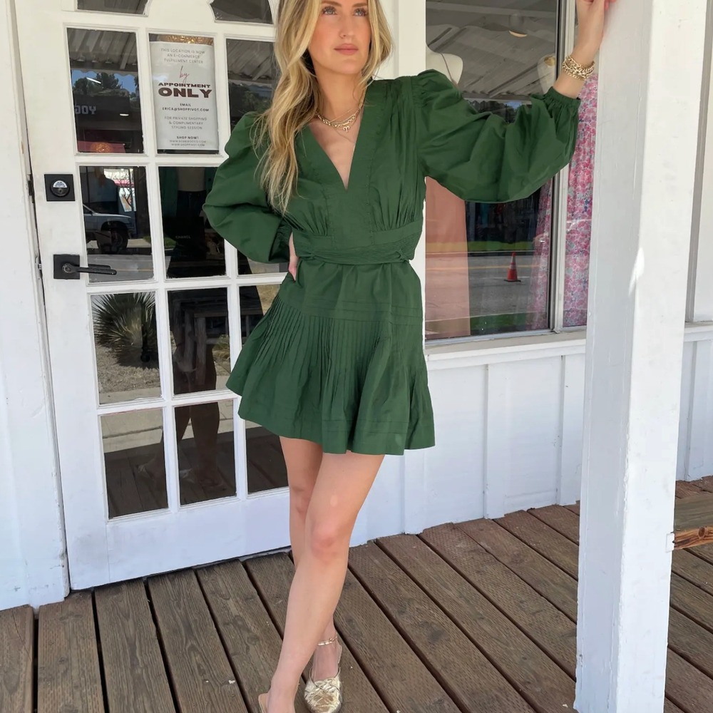 Ulla Johnson Green Rosalind Dress Cotton Tiered Pleated Long Sleeve Dress Size 2 - Picture 2 of 9